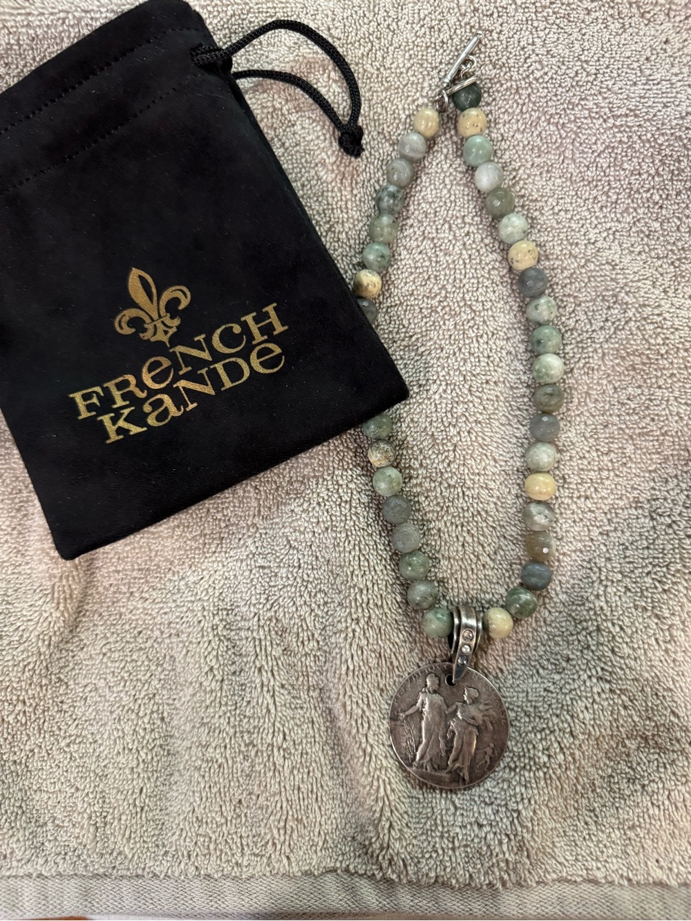 French Kande Green Beaded Necklace with Silver Pendant